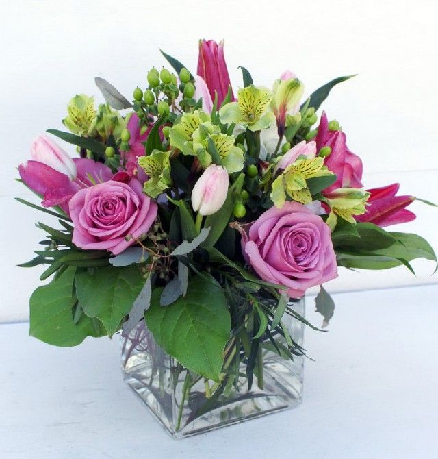 Mothers day arrangement in glass cube